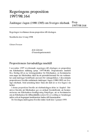 Omslaget till prop. 1997/98:164