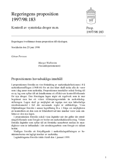 Omslaget till prop. 1997/98:183