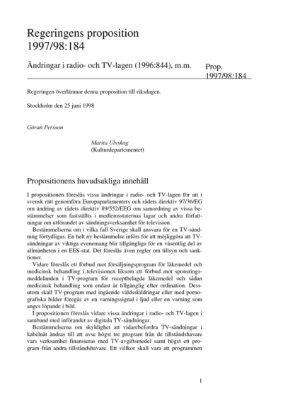 Omslaget till prop. 1997/98:184
