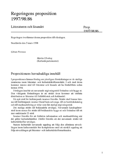 Omslaget till prop. 1997/98:86