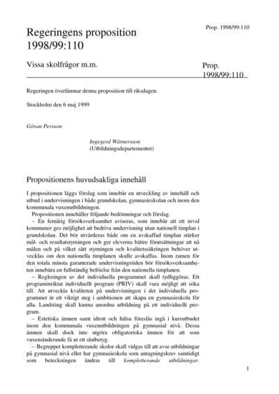 Omslaget till prop. 1998/99:110