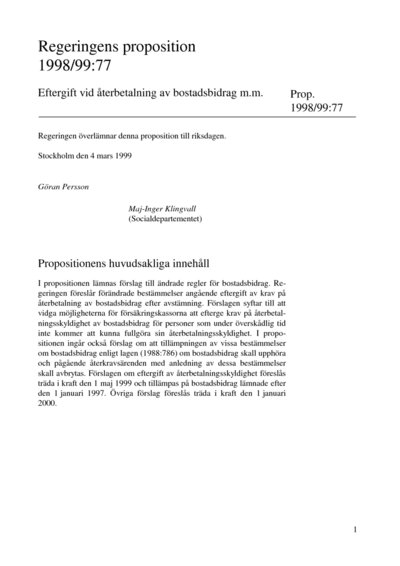 Omslaget till prop. 1998/99:77