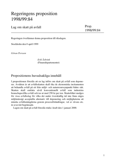 Omslaget till prop. 1998/99:84