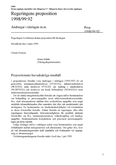 Omslaget till prop. 1998/99:92