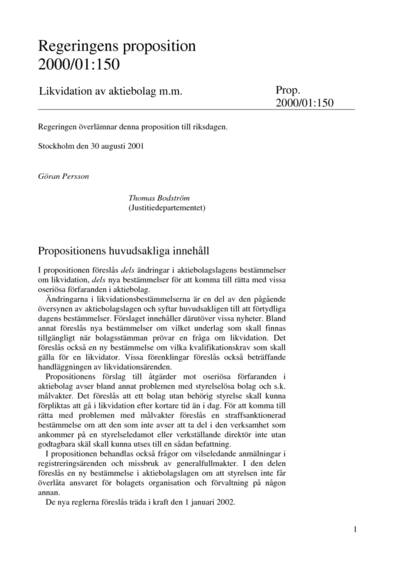 Omslaget till prop. 2000/01:150