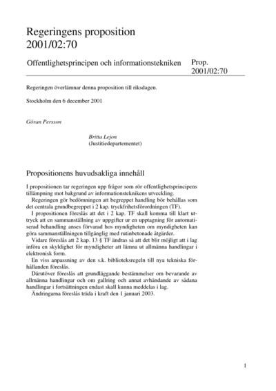 Omslaget till prop. 2000/01:70