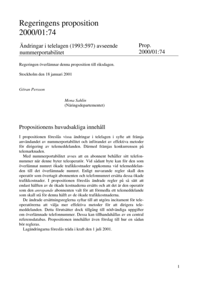 Omslaget till prop. 2000/01:74
