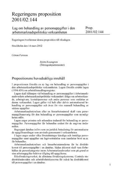 Omslaget till prop. 2001/02:144