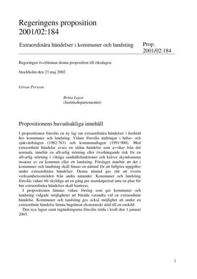 Omslaget till prop. 2001/02:184