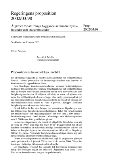 Omslaget till prop. 2002/03:98