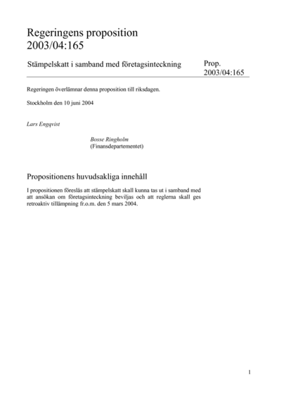 Omslaget till prop. 2003/04:165