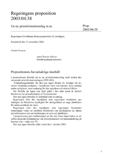 Omslaget till prop. 2003/04:38