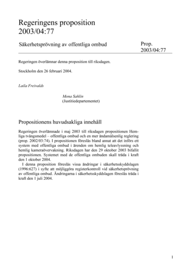 Omslaget till prop. 2003/04:77