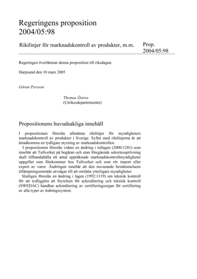 Omslaget till prop. 2004/05:98
