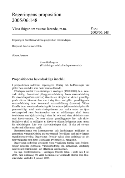 Omslaget till prop. 2005/06:148