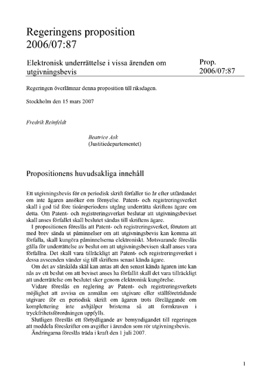 Omslaget till prop. 2006/07:87