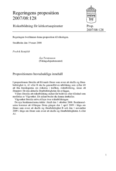 Omslaget till prop. 2007/08:128