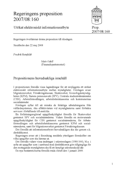 Omslaget till prop. 2007/08:160