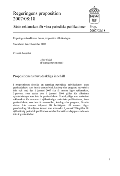 Omslaget till prop. 2007/08:18