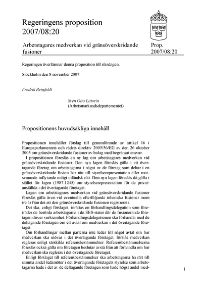 Omslaget till prop. 2007/08:20