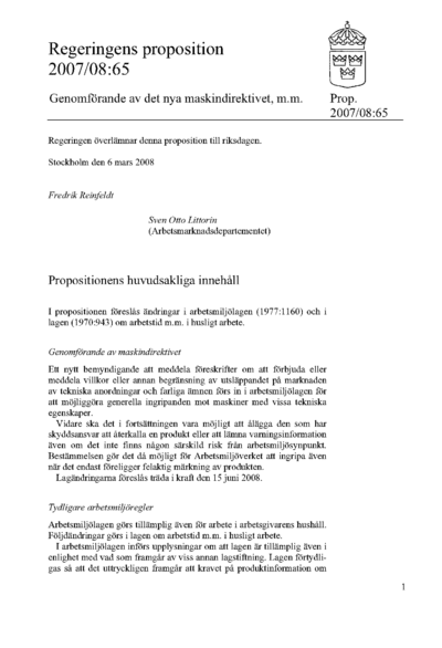 Omslaget till prop. 2007/08:65
