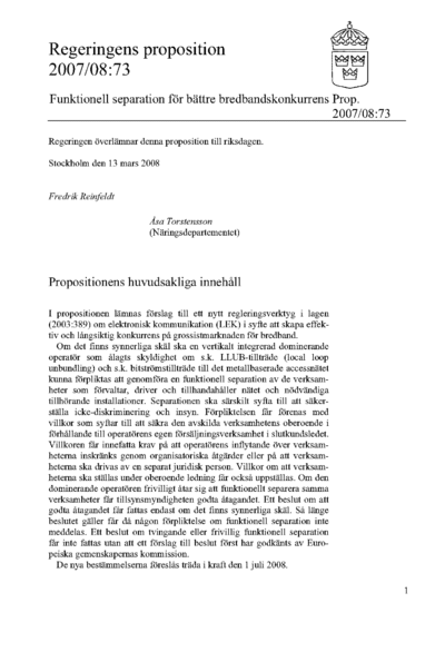 Omslaget till prop. 2007/08:73