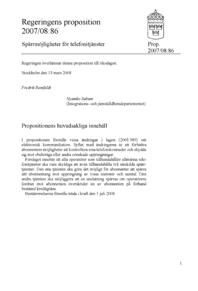 Omslaget till prop. 2007/08:86