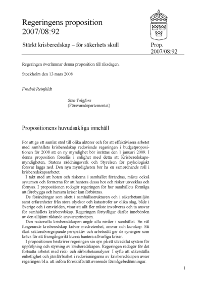 Omslaget till prop. 2007/08:92