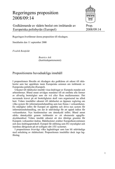 Omslaget till prop. 2008/09:14