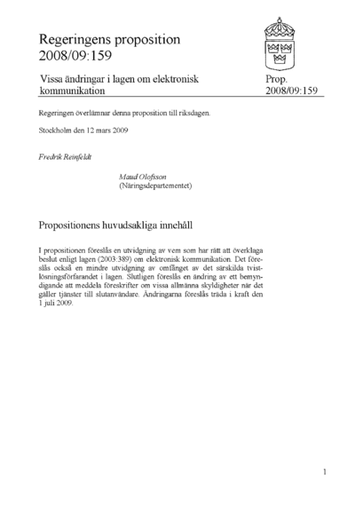 Omslaget till prop. 2008/09:159