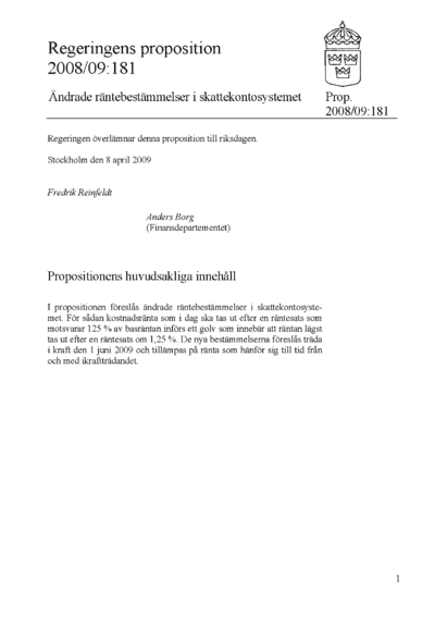 Omslaget till prop. 2008/09:181