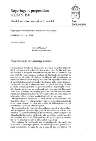 Omslaget till prop. 2008/09:190