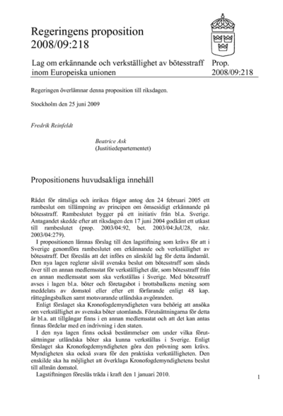 Omslaget till prop. 2008/09:218