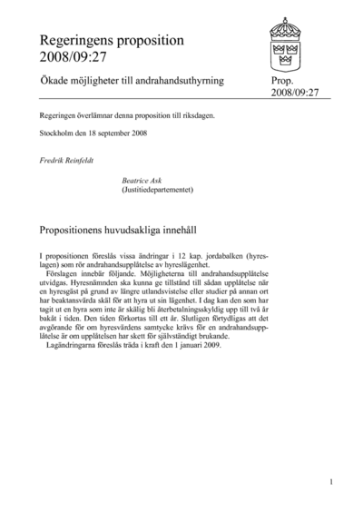 Omslaget till prop. 2008/09:27