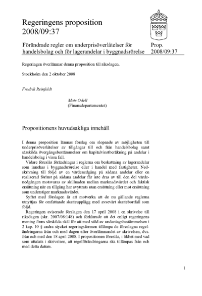 Omslaget till prop. 2008/09:37