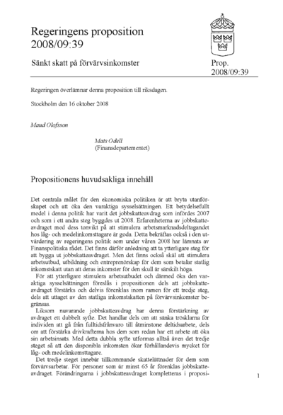 Omslaget till prop. 2008/09:39