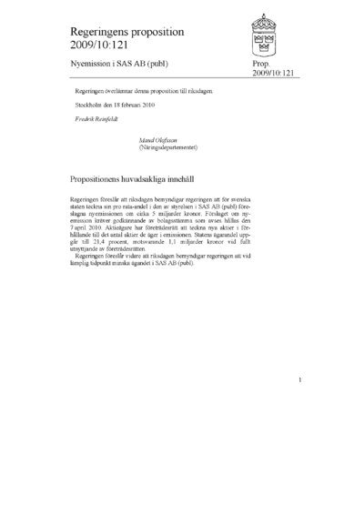 Omslaget till prop. 2009/10:121