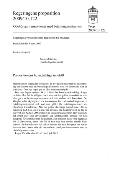 Omslaget till prop. 2009/10:122