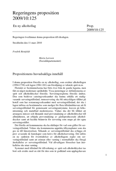 Omslaget till prop. 2009/10:125