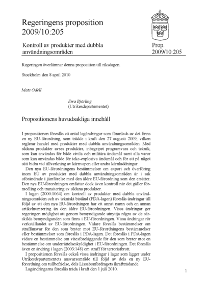 Omslaget till prop. 2009/10:205