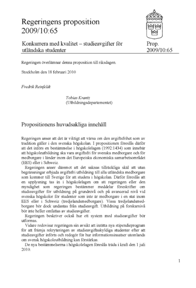 Omslaget till prop. 2009/10:65