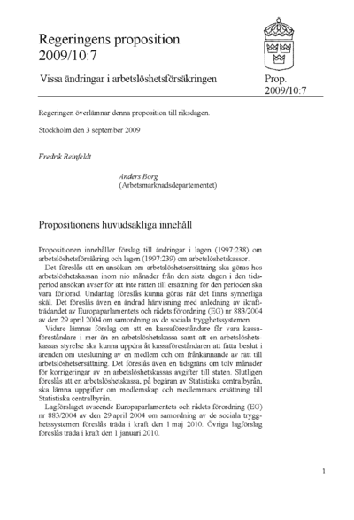 Omslaget till prop. 2009/10:7