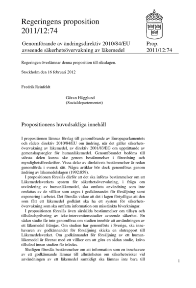 Omslaget till prop. 2011/12:74