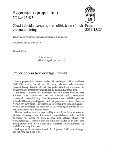 Omslaget till prop. 2014/15:85