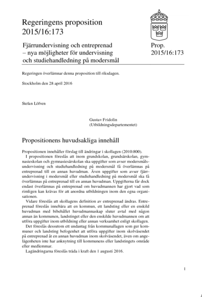 Omslaget till prop. 2015/16:173