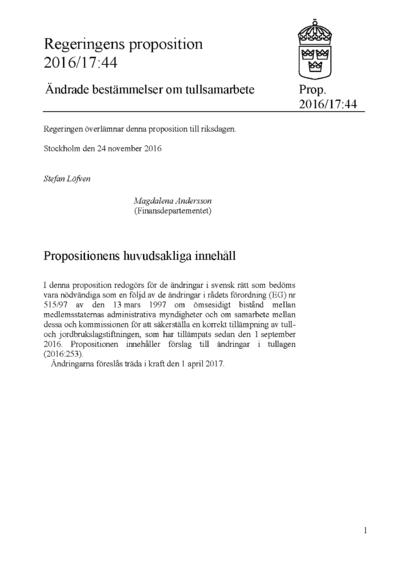 Omslaget till prop. 2016/17:44