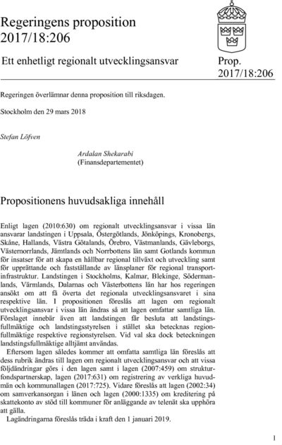 Omslaget till prop. 2017/18:206