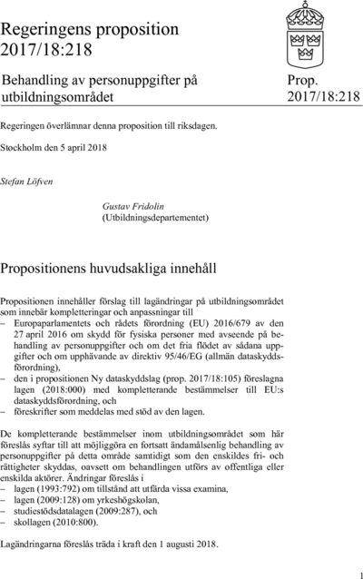 Omslaget till prop. 2017/18:218