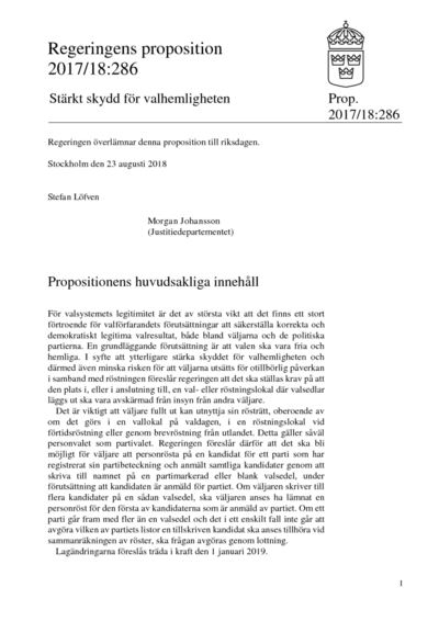 Omslaget till prop. 2017/18:286