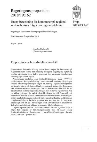 Omslaget till prop. 2018/19:162
